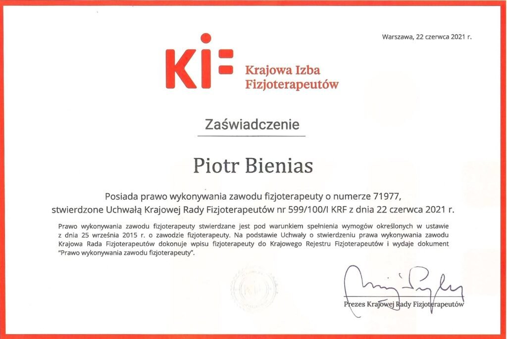 Krajowa Rada Fizjoterapeutów (zaświadczenie)