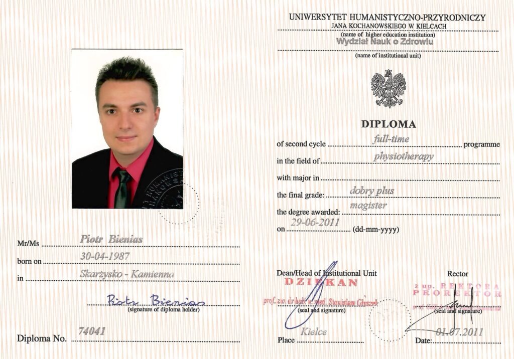 Dyplom ukończenia studiów magisterskich, kierunek fizjoterapia
