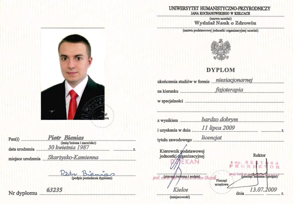 Dyplom ukończenia studiów licencjackich, kierunek fizjoterapia